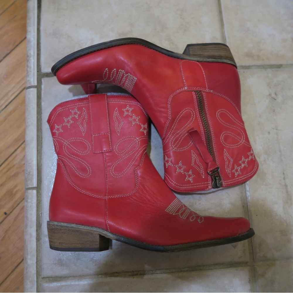 Red Women's Ankle Booties - Western Stitch Detail